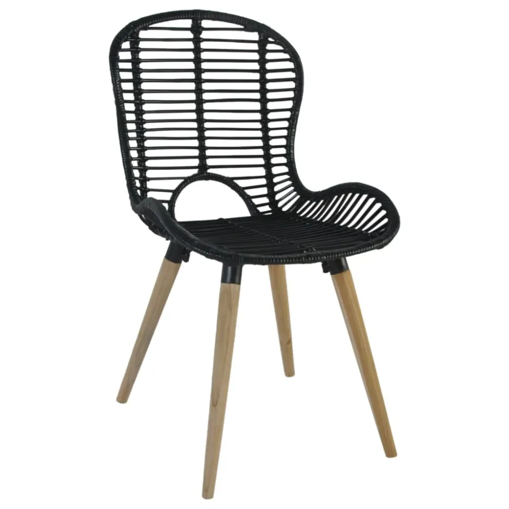 Set de 6 chaises de salle à manger design rustique en rotin naturel noir pieds en bois DEC025700
