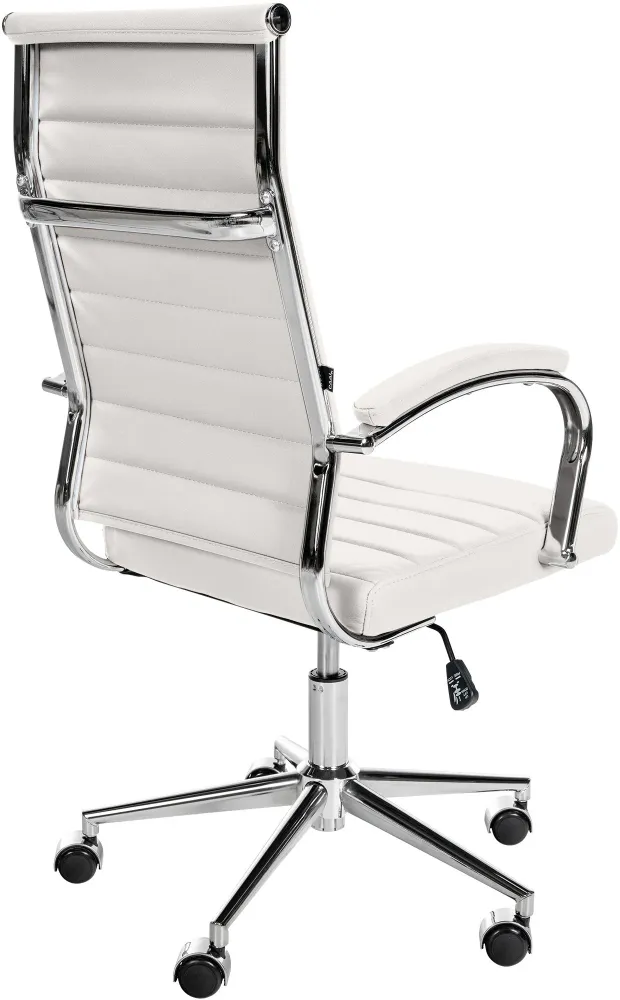 Fauteuil de bureau en cuir véritable blanc surpiqûre horizontale et pieds métal chromé 10_0002554