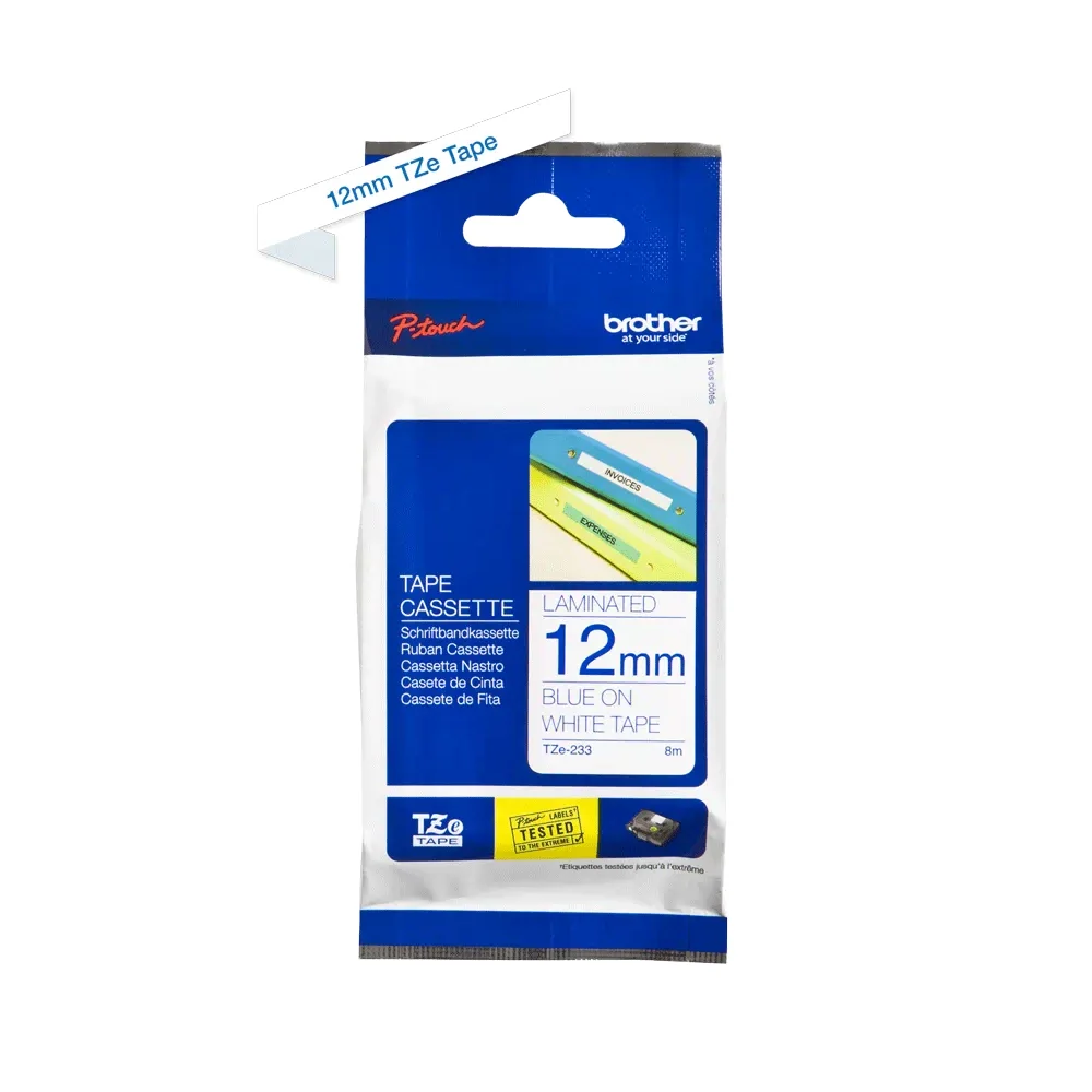 Brother - Cassette à ruban TZe-233 pour étiqueteuse Brother | 12mm x 8 m | Bleu sur Blanc - TZE233