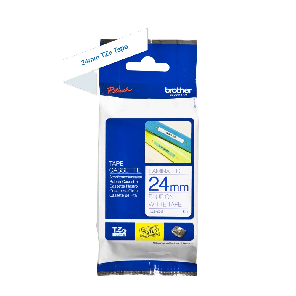 Brother - Cassette à ruban TZe-253 pour étiqueteuse Brother | 24mm x 8m | Bleu sur Blanc - TZE253