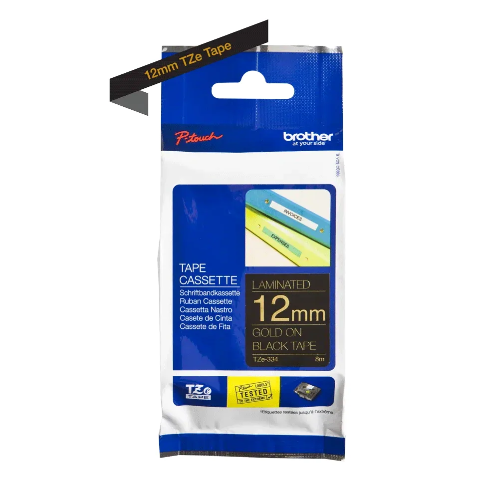 Brother - Cassette à ruban TZe-334 pour étiqueteuse Brother | 12mm x 8m | Doré sur Noir - TZE334