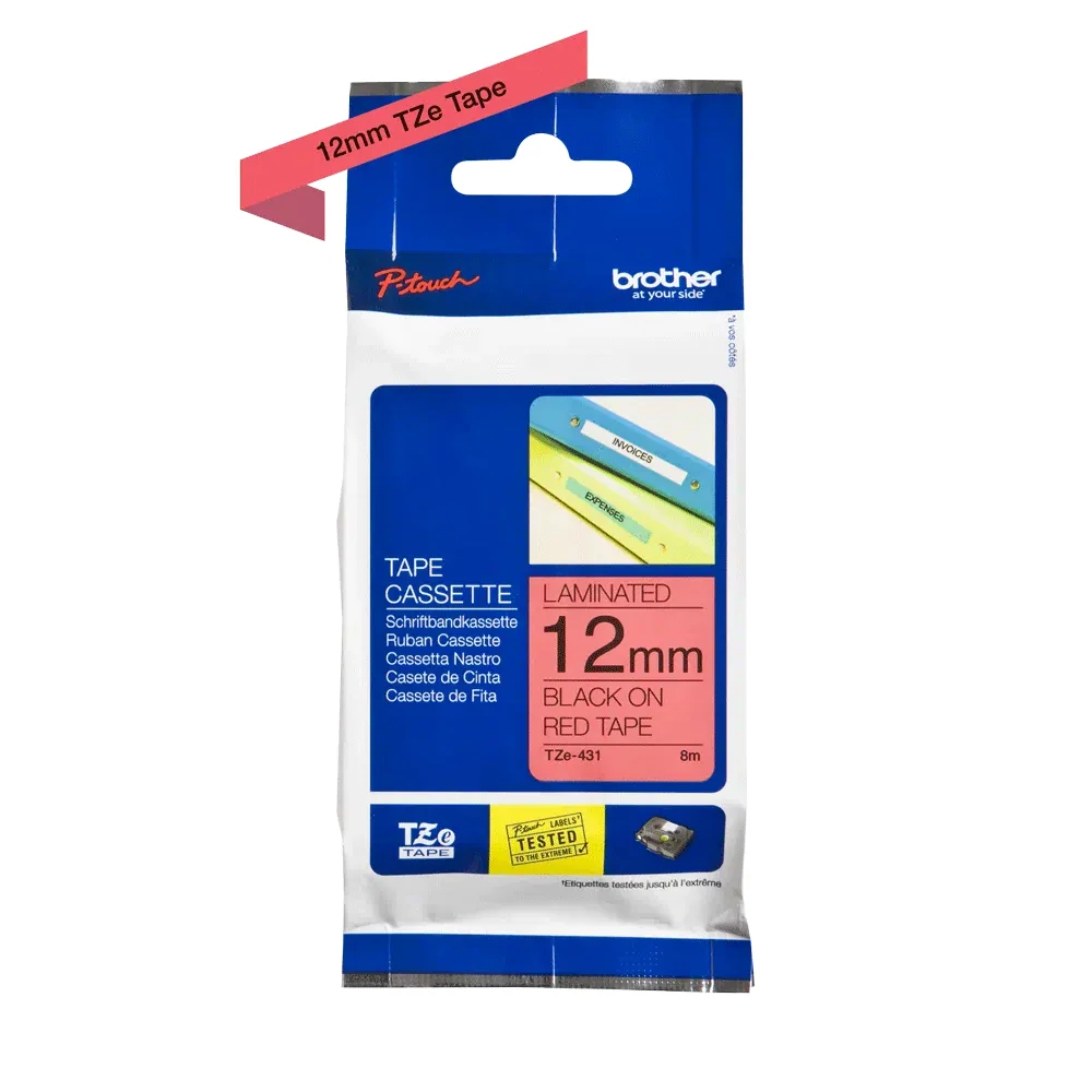 Brother - Cassette à ruban TZe-431 pour étiqueteuse Brother | 12mm x 8m | Noir sur Rouge - TZE431