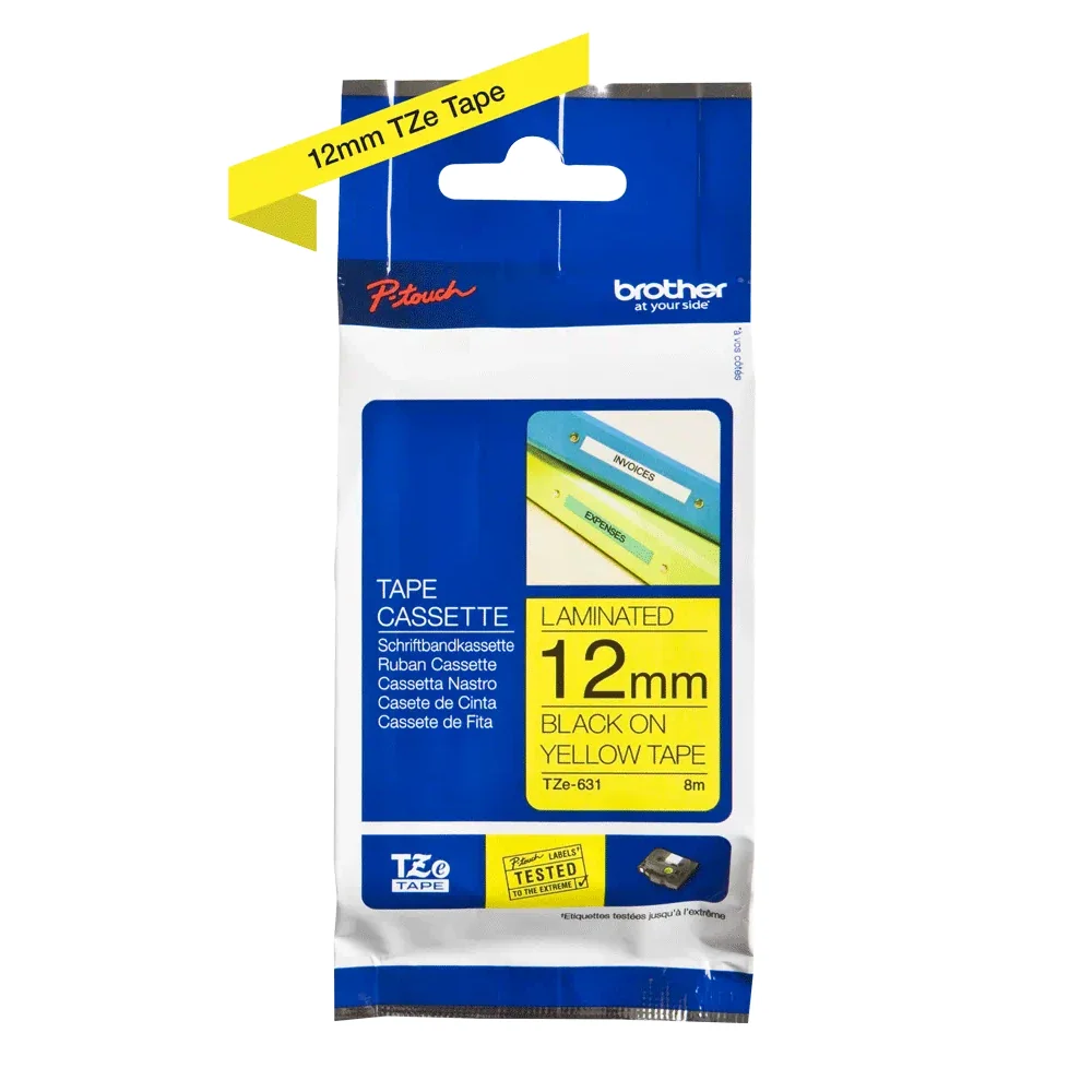 Brother - Cassette à ruban TZe-631 pour étiqueteuse Brother | 12mm x 8m | Noir sur Jaune - TZE631
