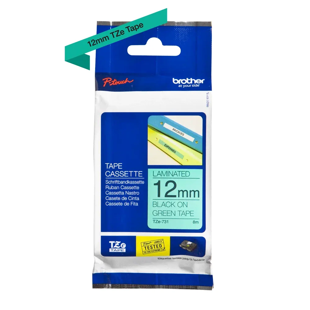 Brother - Cassette à ruban TZe-731 pour étiqueteuse Brother | 12mm x 8m | Noir sur Vert - TZE731