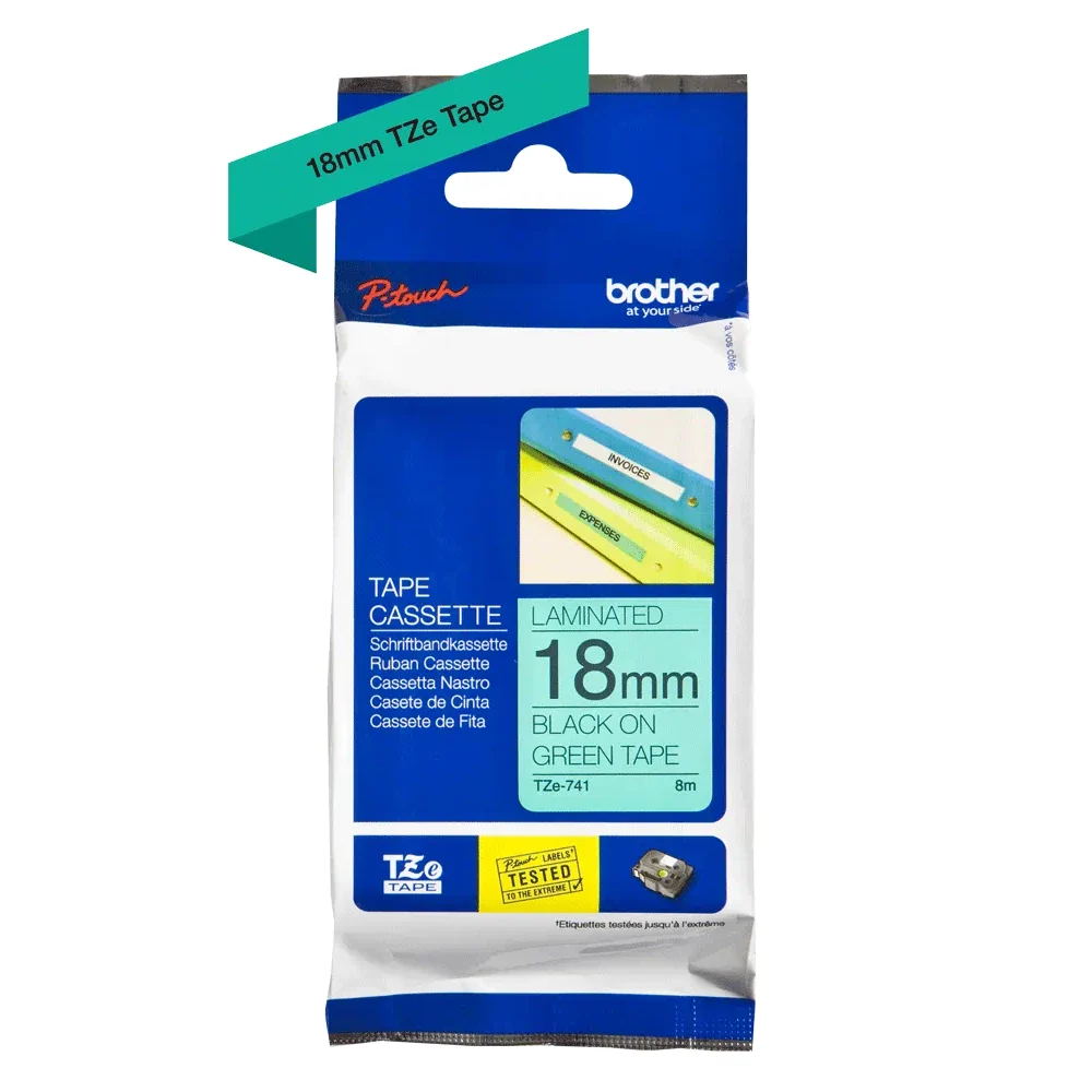 Brother - Cassette à ruban TZe-741 pour étiqueteuse Brother | 18mm x 8m | Noir sur Vert - TZE741