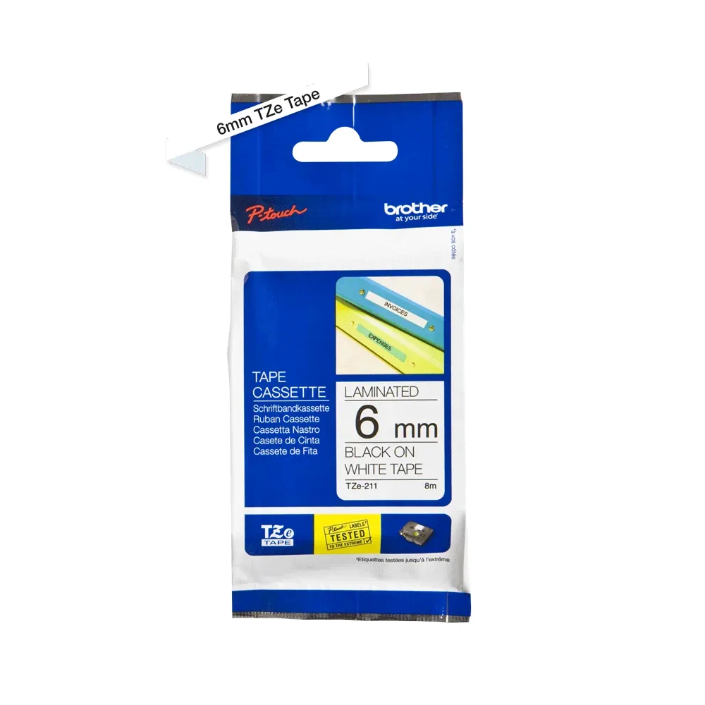 Cassette originale à ruban pour étiqueteuse Brother 6mm noir sur blanc - TZe-211