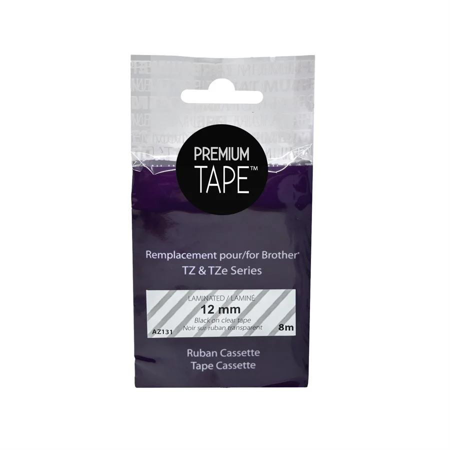 AZ131 - Brother TZ-131 ruban Noir sur transparent 12mm compatible 2/pqt *LIVRAISON GRATUITE Premium Tape