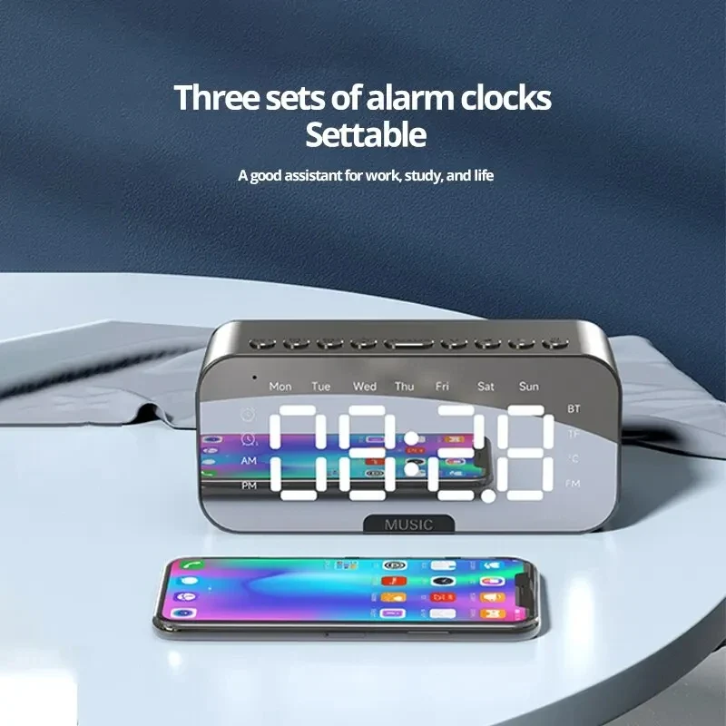 Réveil numérique LED Bluetooth avec miroir et radio FM - Décoration chambre et bureau
