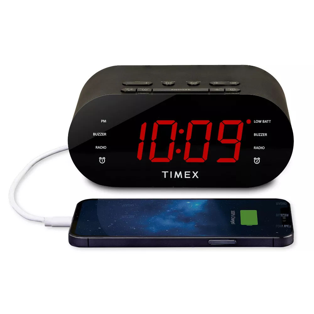 Timex Radio-Réveil à Double Alarme avec Affichage LED, Chargement USB et Batteries de Secours, Noir - T232B
