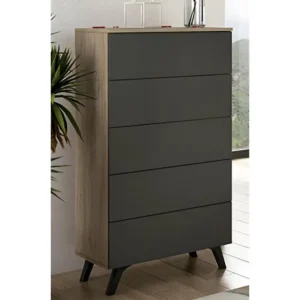 Chiffonnier, meuble de rangement coloris chêne cambrian/graphite - Longueur 60 x Profondeur 37.8 x Hauteur 118.5 cm avec 5...
