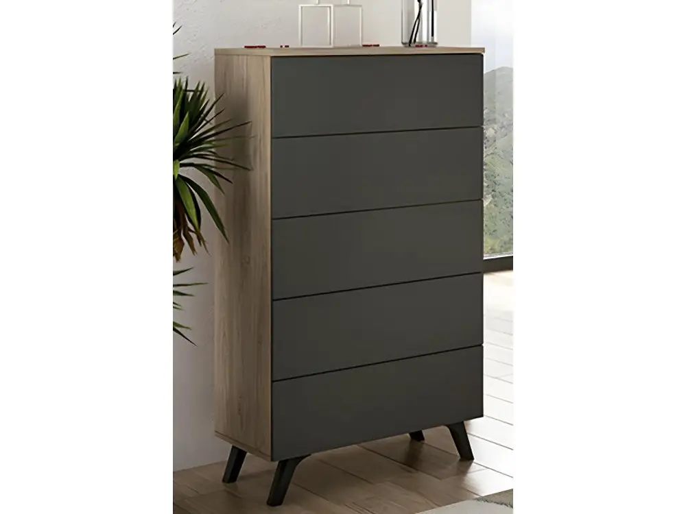 Chiffonnier, meuble de rangement coloris chêne cambrian/graphite - Longueur 60 x Profondeur 37.8 x Hauteur 118.5 cm avec 5...