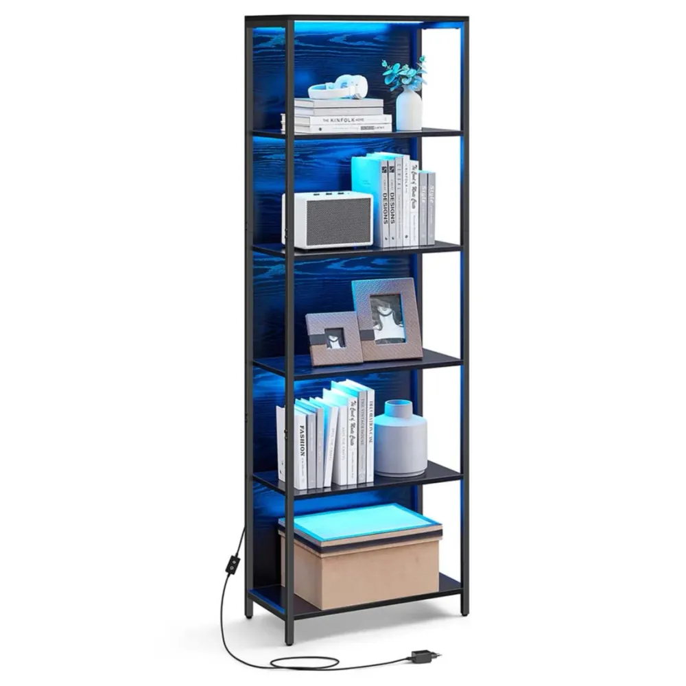 Bibliothèque led à 6 niveaux étagère à lumière réglable meuble de rangement avec cadre en acier 303 x 60 x 178,6 cm pour s...