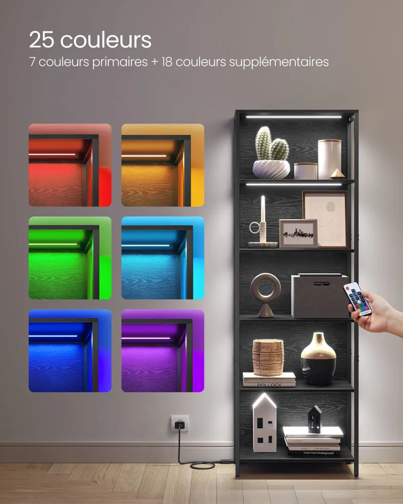 Bibliothèque led à 6 niveaux étagère à lumière réglable meuble de rangement avec cadre en acier 303 x 60 x 178,6 cm pour s...