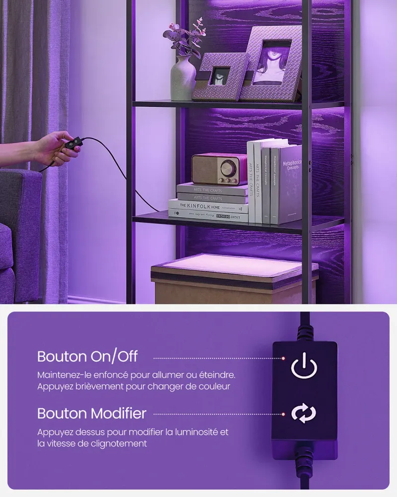 Bibliothèque led à 6 niveaux étagère à lumière réglable meuble de rangement avec cadre en acier 303 x 60 x 178,6 cm pour s...