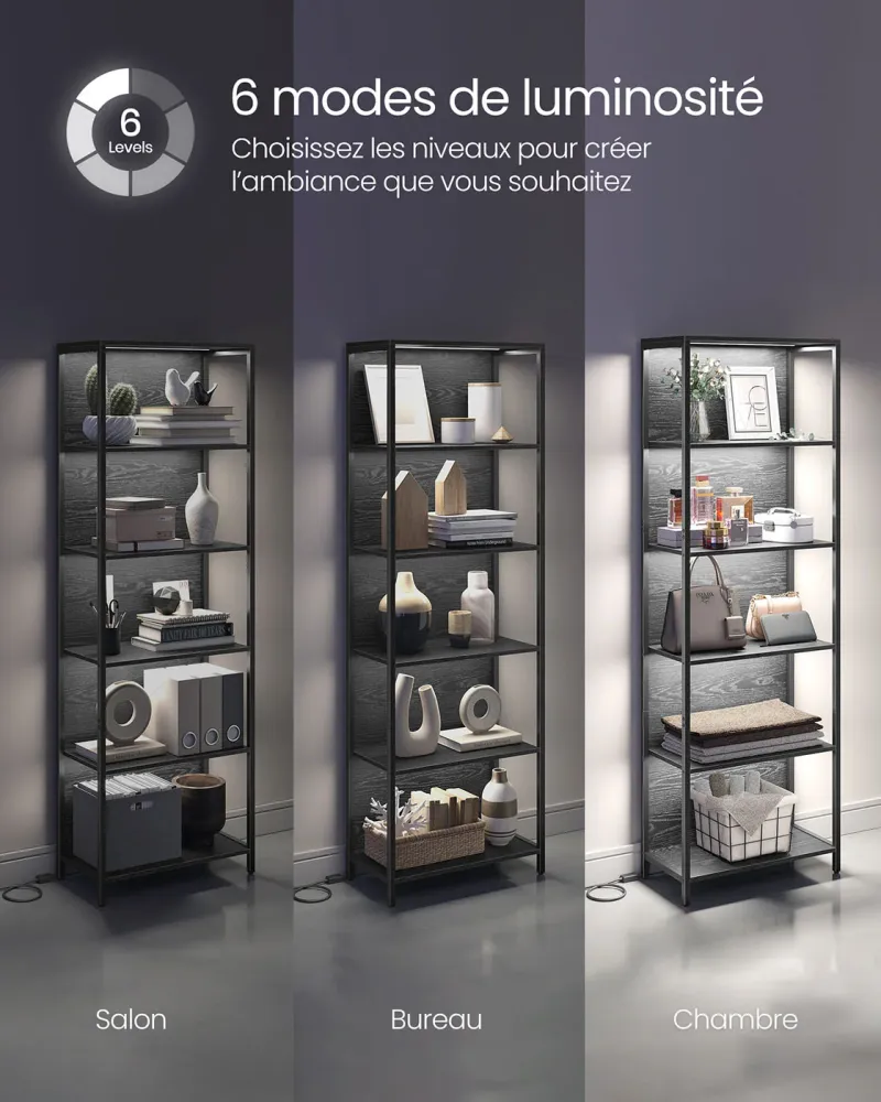 Bibliothèque led à 6 niveaux étagère à lumière réglable meuble de rangement avec cadre en acier 303 x 60 x 178,6 cm pour s...