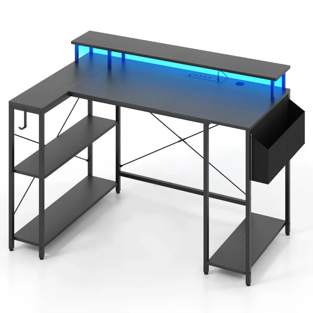 Bureau d'angle 120 x 80 x 87 cm avec éclairage led réglable et prises intégrées design scandinave en bois noir 20_0010890...