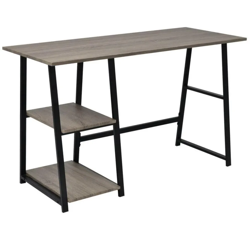 Bureau table meuble travail informatiqueavec 2 étagères gris et chêne 0502078 avec finition anti-poussière