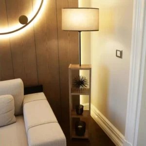 Lampadaire Redditch avec étagère hauteur 150 cm E27 effet bois / noir / sable [lux.pro]