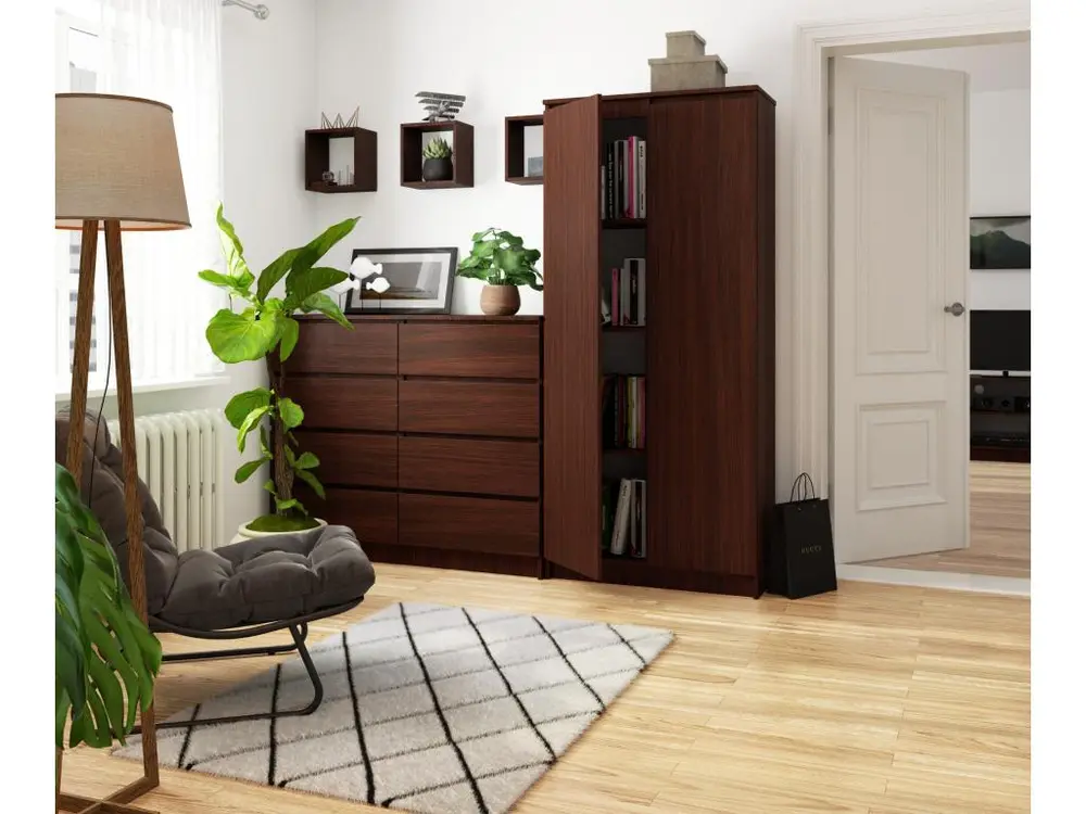 Rayonnage métallique Bibliothèque de bureau Armoire AKORD R80 Wengé 80 cm 2 portes façade Wengé 8 étagères 80x35x180 cm