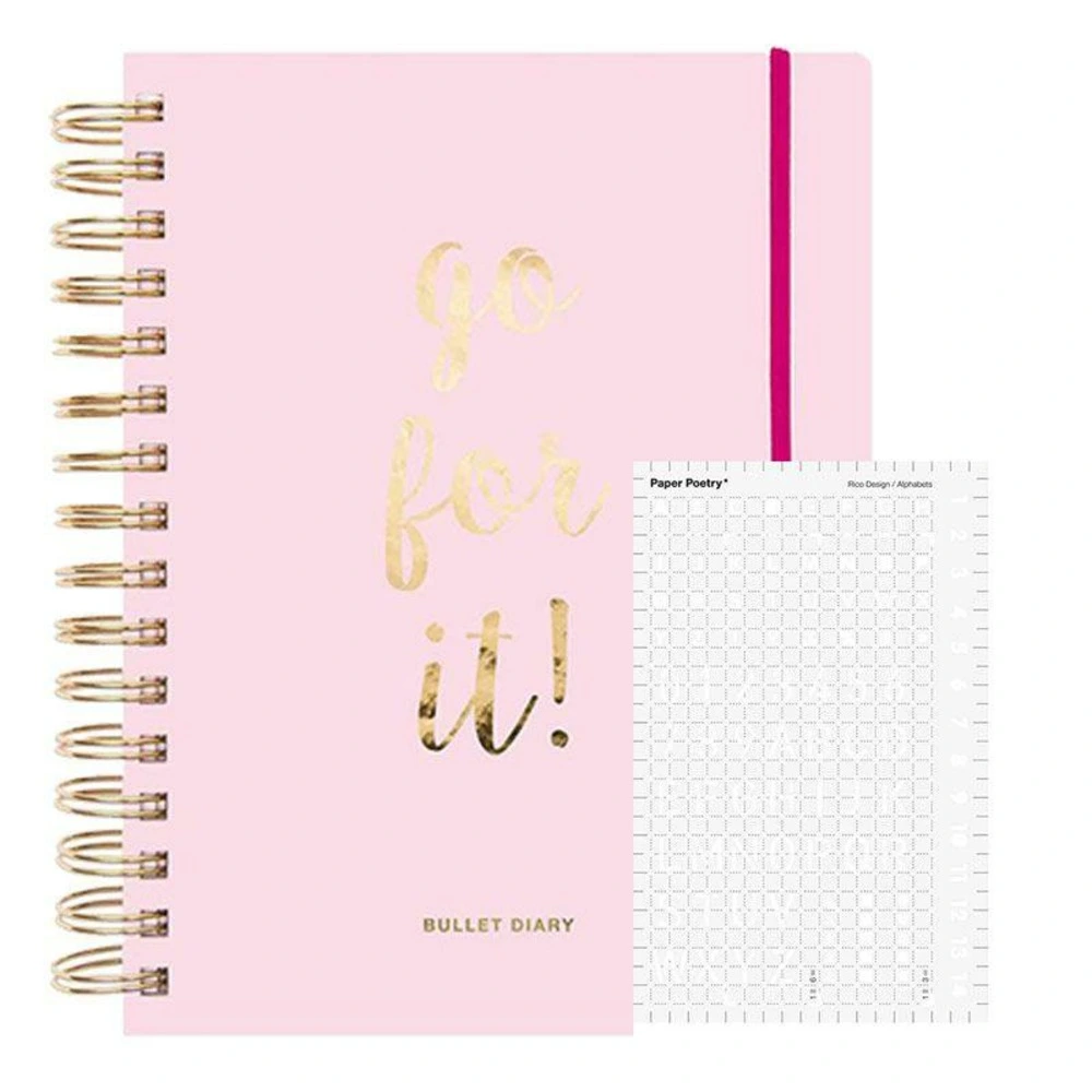 Agenda bullet journal rose à spirales 96 feuilles + pochoir flèches et formes