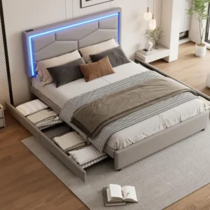 Lit adulte rembourré 140x200cm en similicuir - 4 tiroirs - avec LED & Ports de recharge - Gris