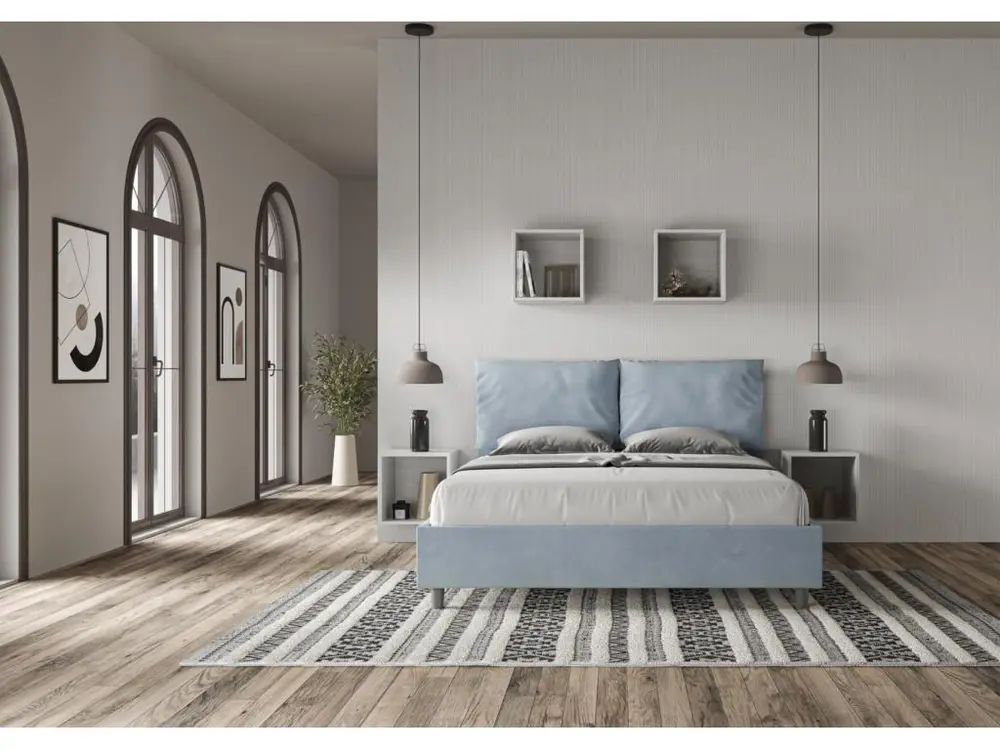 Lit adulte tendance avec coussins rembourrés microfibre Anja-Couleur Bleu clair-160x200-Option Avec coffre