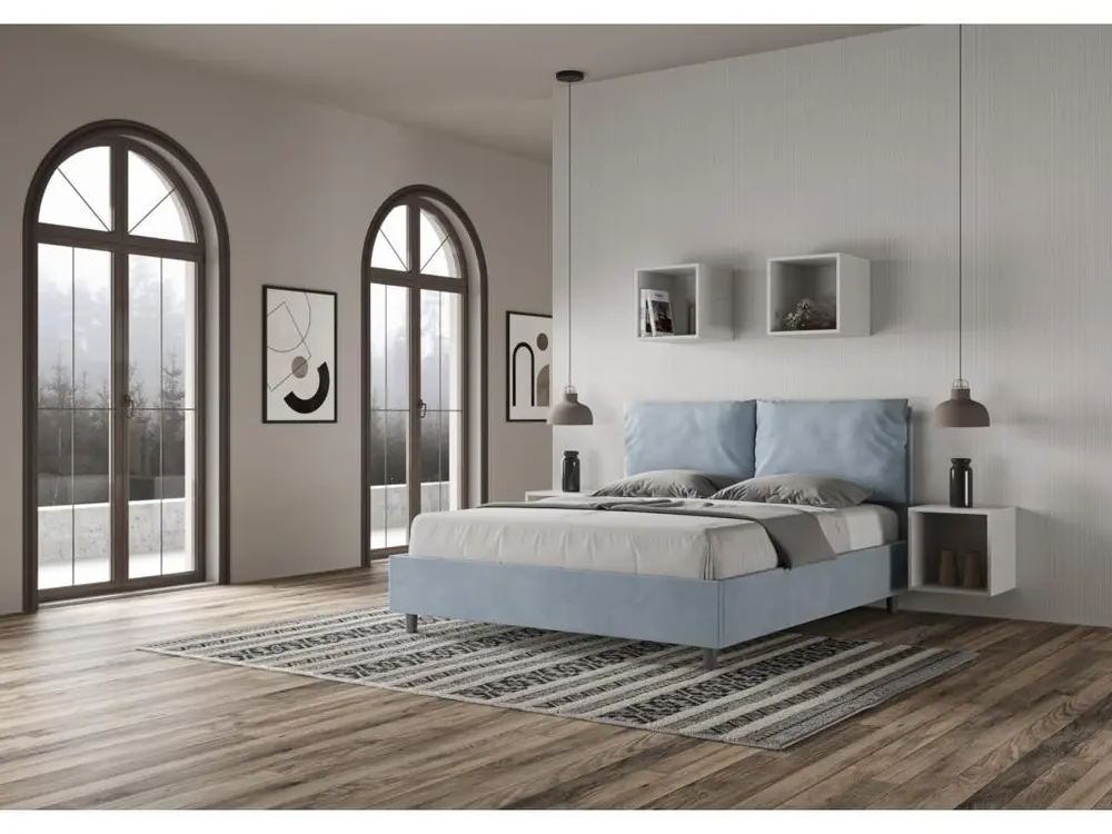 Lit adulte tendance avec coussins rembourrés microfibre Anja-Couleur Bleu clair-160x200-Option Avec coffre