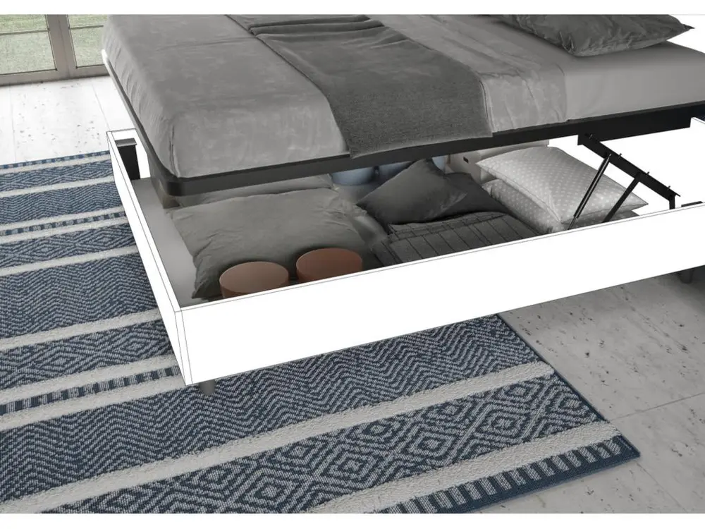 Lit adulte tendance avec coussins rembourrés microfibre Anja-Couleur Bleu clair-160x200-Option Avec coffre