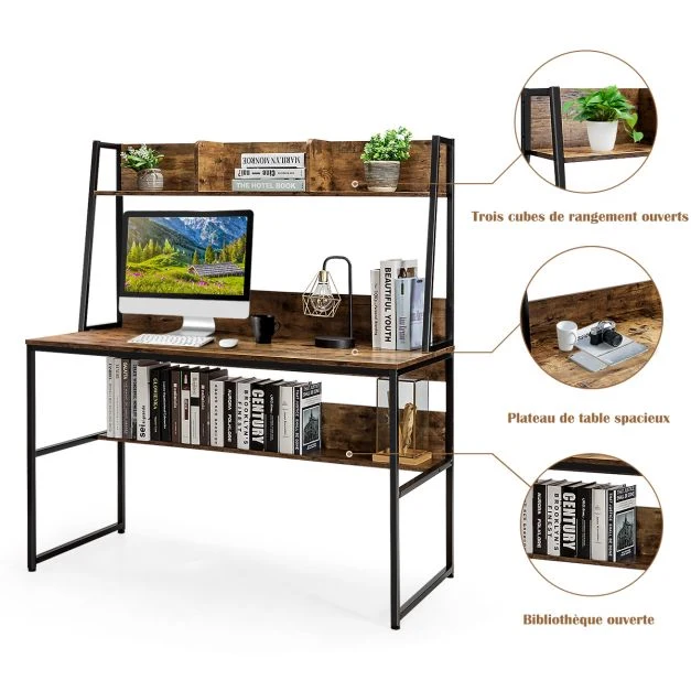 Bureau avec niche et bibliothèque table d'étude de 120 cm table de travail pour ordinateur léger et mobile peu encombrant...