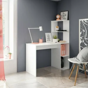 Bureau Pittston, Bureau linéaire avec bibliothèque, Table de bureau polyvalente peu encombrante, 110x50h136 cm, Blanc en M...