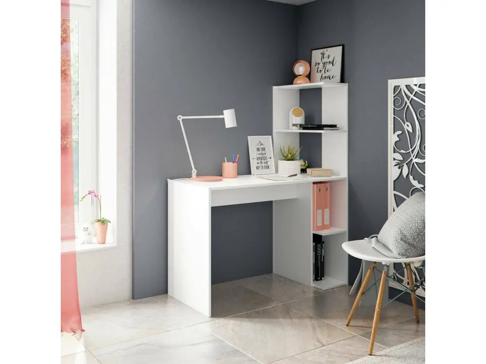 Bureau Pittston, Bureau linéaire avec bibliothèque, Table de bureau polyvalente peu encombrante, 110x50h136 cm, Blanc en M...