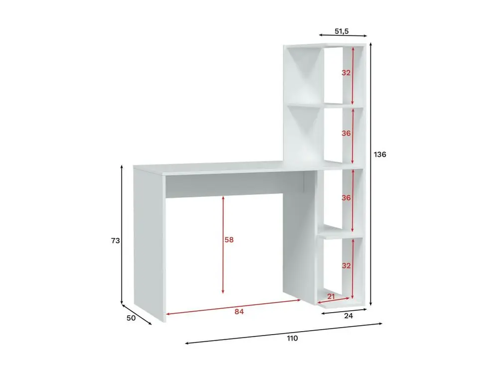 Bureau Pittston, Bureau linéaire avec bibliothèque, Table de bureau polyvalente peu encombrante, 110x50h136 cm, Blanc en M...