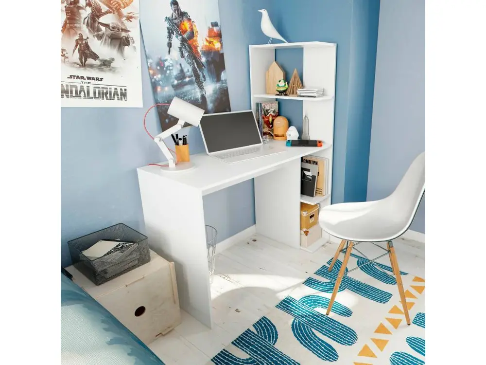 Bureau Pittston, Bureau linéaire avec bibliothèque, Table de bureau polyvalente peu encombrante, 110x50h136 cm, Blanc en M...