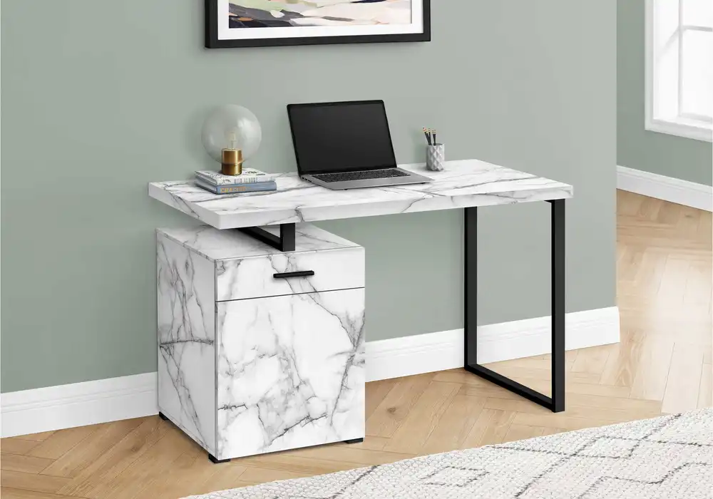 Colle vinylique scolaire Bureau D'Ordinateur - 48"L / Marbre Blanc Orientation Gauche Ou Droite