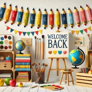 Colle vinylique scolaire Toile de Fond de Bienvenue à la Rentrée avec Crayons et Pinceaux RR7-238