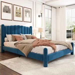 Éducatif Lit capitonné 140 x 200 cm avec tête de lit - lit adulte en velours - forme d'éventail - bleu