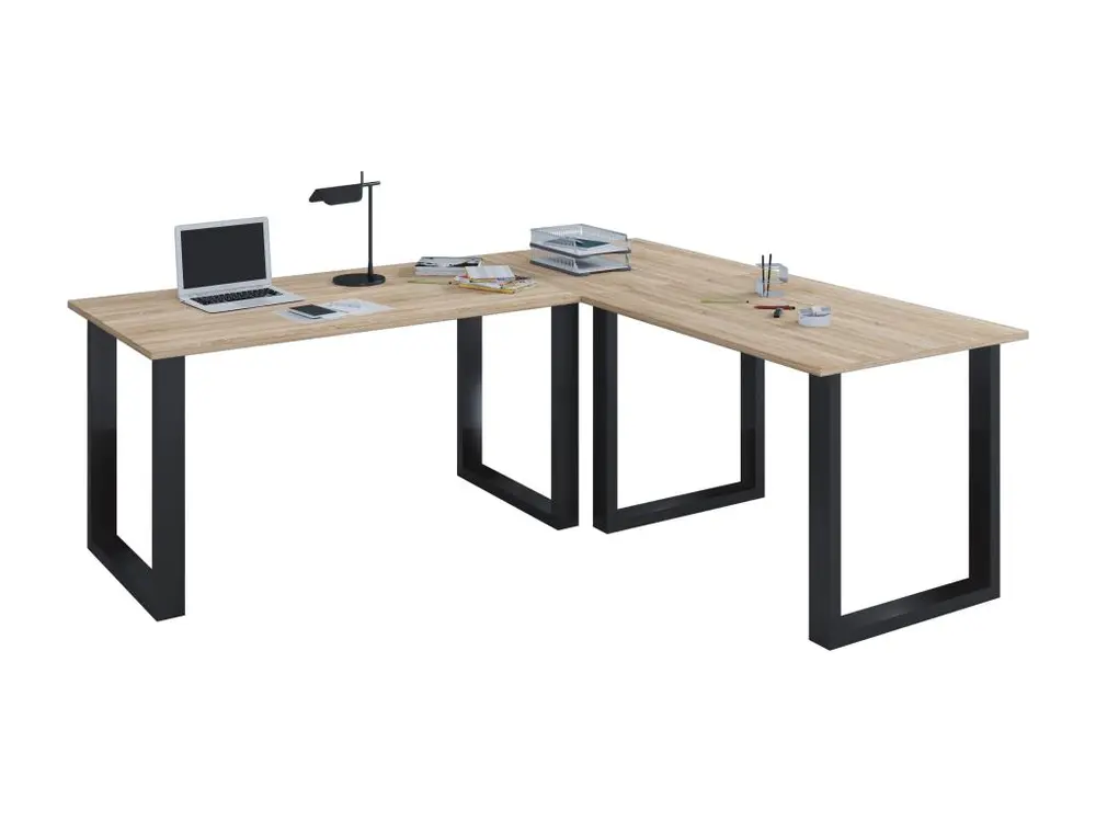 Lona Bureau d'angle 130x130x50 cm, pieds en U, finition chêne Sonoma, noir. Boîte de rangement incluse