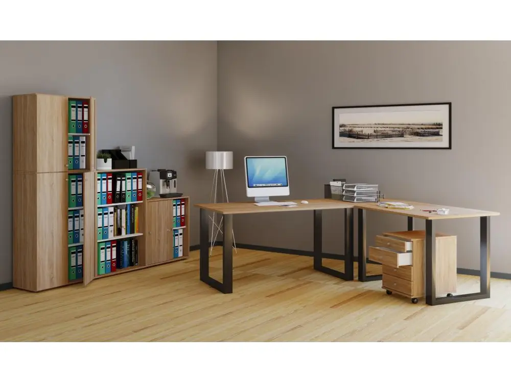Lona Bureau d'angle 130x130x50 cm, pieds en U, finition chêne Sonoma, noir. Boîte de rangement incluse