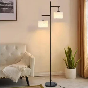 NETTLIFE Lampadaire Salon Moderne - Noir E27 Ancien 2 Flammes Lampe de Lit Blanc Tissu Design Lampadaire de lecture 25W av...