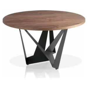 Peinture à l'eau lavable Table ronde bois plaqué noyer et pieds acier inoxydable noir Gala 130cm