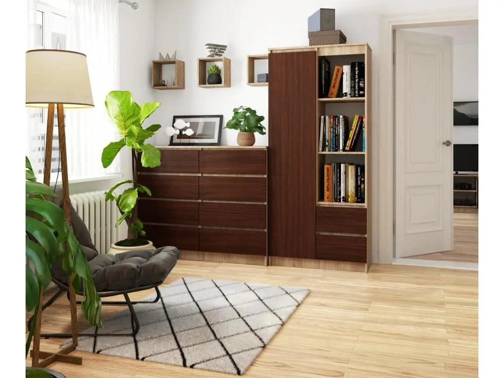 Professionnel Bibliothèque de bureau AKORD R11 Chêne Sonoma 80 cm 1 porte 2 tiroirs façade Wengé 7 étagères 80x35x180 cm