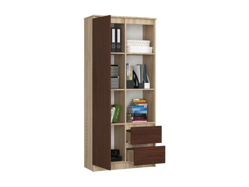 Professionnel Bibliothèque de bureau AKORD R11 Chêne Sonoma 80 cm 1 porte 2 tiroirs façade Wengé 7 étagères 80x35x180 cm
