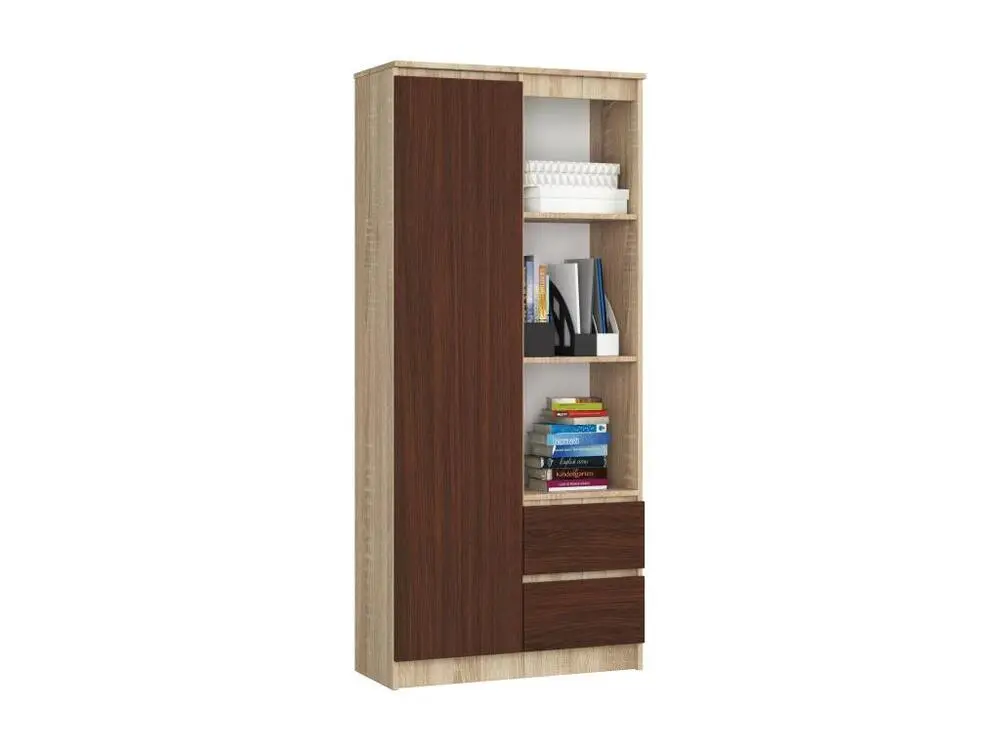 Professionnel Bibliothèque de bureau AKORD R11 Chêne Sonoma 80 cm 1 porte 2 tiroirs façade Wengé 7 étagères 80x35x180 cm