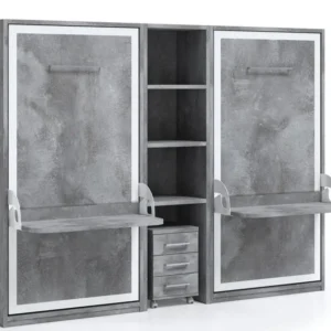 Professionnel 2 lits escamotables 90x190 avec bureau et étagère centrale Studante-Façade Gris ciment