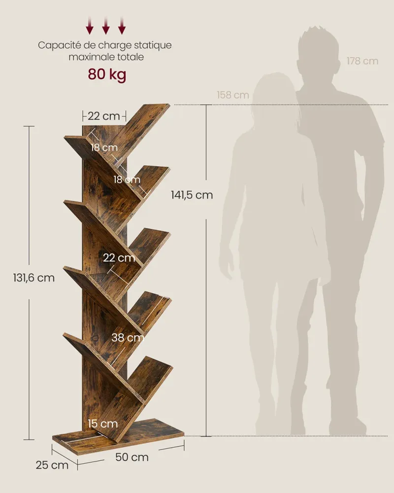 Professionnel Étagère bibliotheque 8 niveaux 50 x 24 x 141,5 cm en forme d'arbre marron 12_0004050