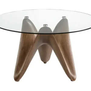 Table à manger ronde design en bois couleur noyer et verre cristallin Kantar-Diamètre 140 cm Boîte de rangement incluse