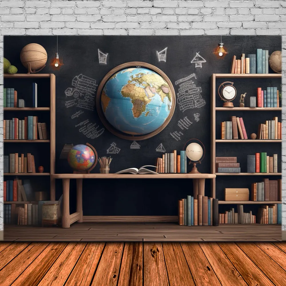 Toile de Fond de Bibliothèque avec Globes pour la Rentrée Scolaire DBD7-84 Conforme aux normes CE