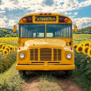 Toile de fond Bus Scolaire Champ de Tournesols Bus Rétro Toile de fond Photo École LXX58-128