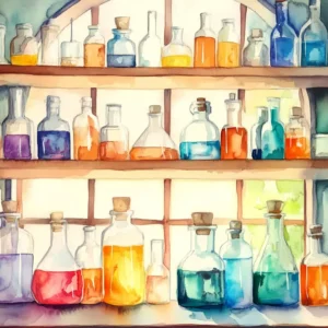 Toile de fond Chimie Flacons de Potions Aquarelle Étagères en Bois Toile de fond Photo École LXX58-104 avec 12 couleurs