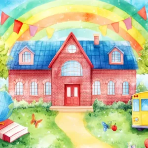 Toile de fond Photo Maternelle Mur en Brique Arc-en-Ciel Cour d’École Illustration Bus Idées Rentrée LXX58-127